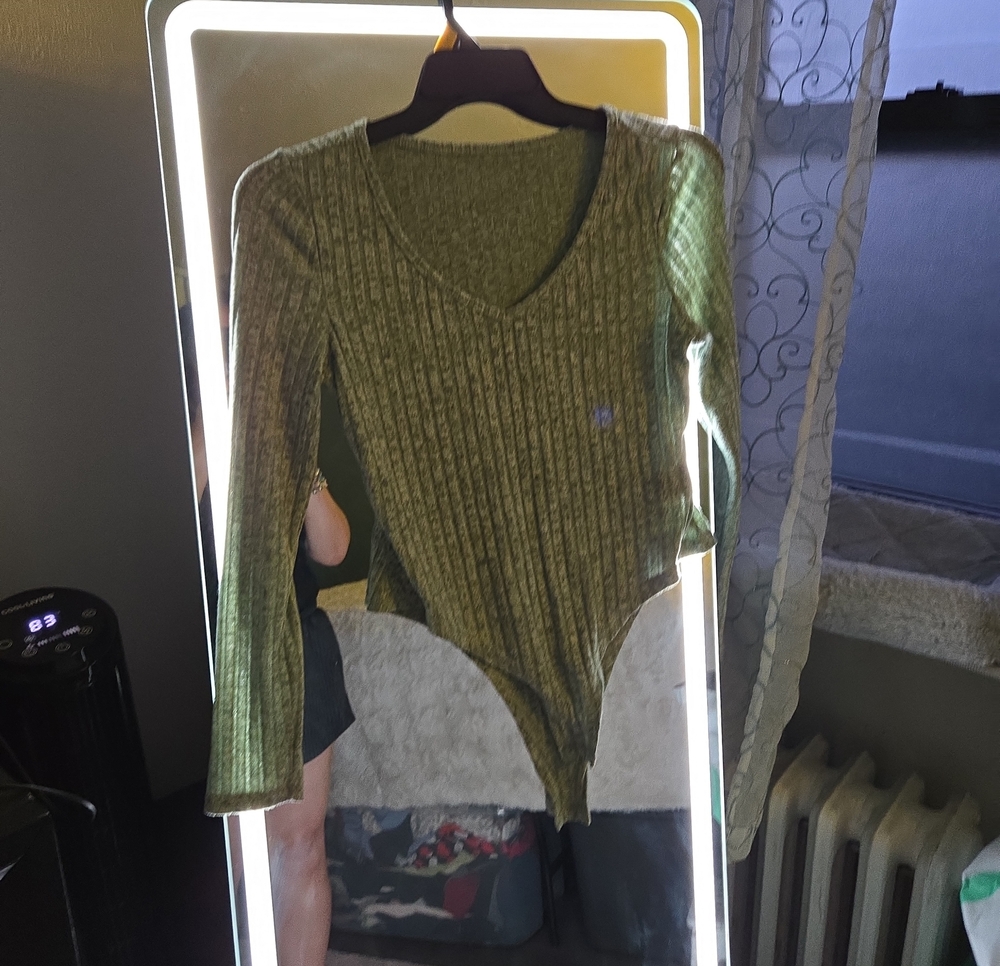 SHEIN Olive Green Ribbed V-Neck Long Sleeve Bodysuit